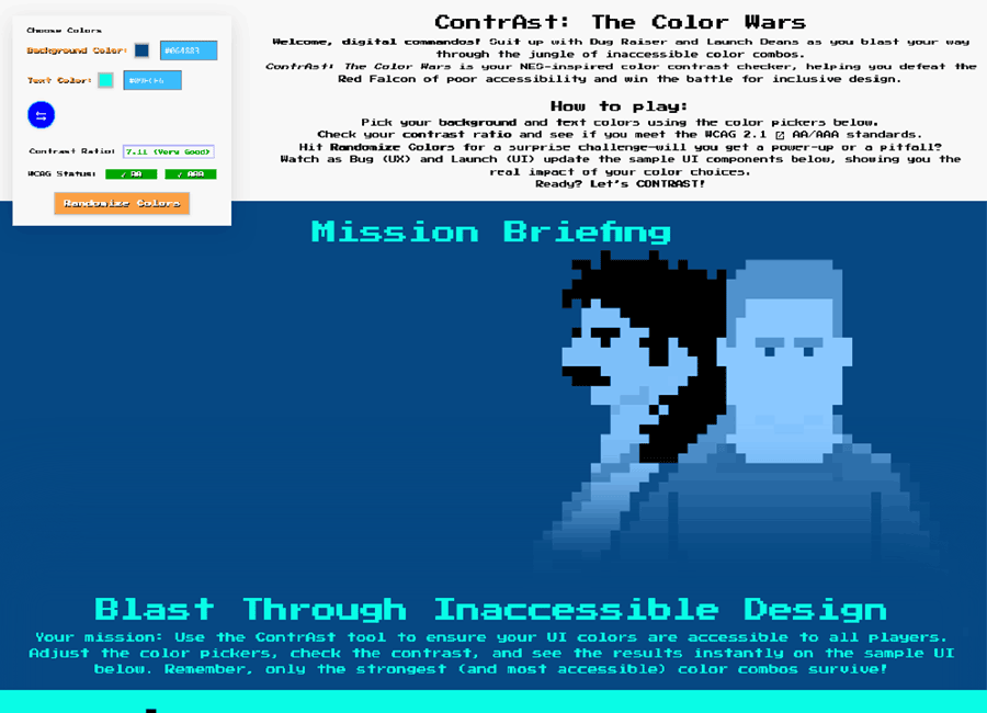 ContrAst: The Color Wars NES-Inspired Accessibility Color Checker web tool, full page screenshot