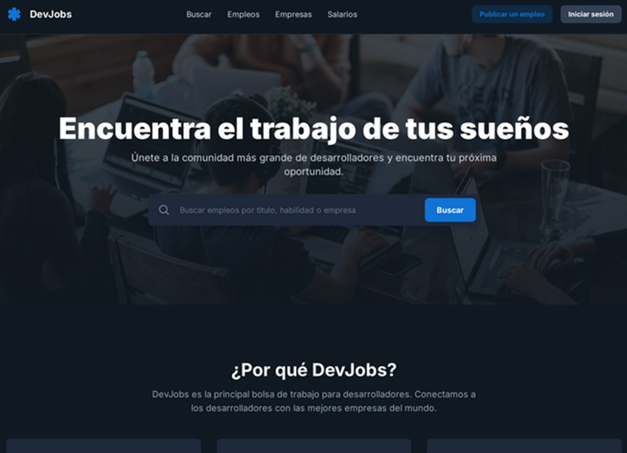 screenshot of a jobsearch in tech landing page called devjobs